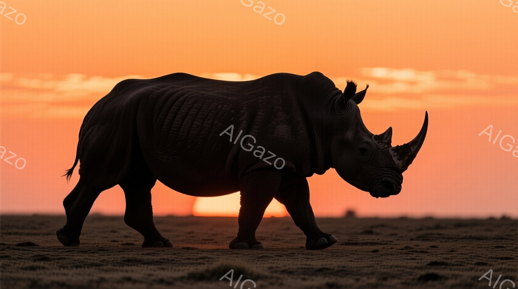 強いシルエットのサイが、夕焼けに染まる平原を歩いている。その姿は力強く、野生の息吹を感じさせる。背景は暖色系のグラデーションで、夕暮れ時の穏やかさと同時に、自然の厳しさも表現されている。