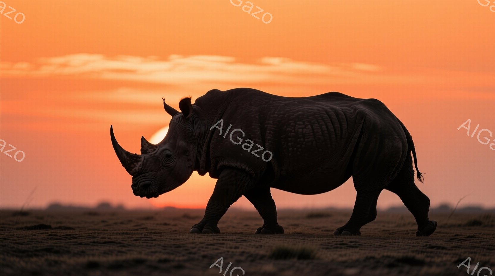 巨大なアフリカゾウが夕焼けを背景に草原を歩いている。そのシルエットは力強く、粗い皮膚の質感と印象的な角が際立っている。背景の空はオレンジと赤のグラデーションで染まり、温かくドラマチックな雰囲気を醸し出している。