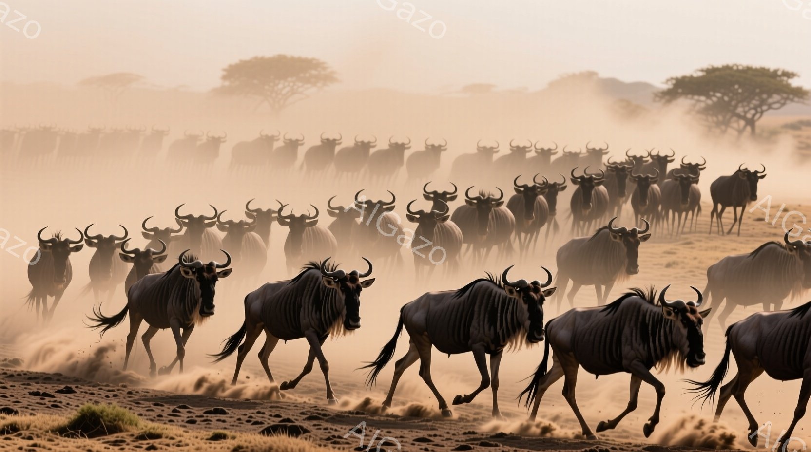 大量のヌーが砂埃を巻き上げながら草原を走り去る様子が捉えられています。彼らは一斉に前進しており、その姿は力強く、野生の躍動感に満ちています。背景にはまばらに生えた木々が見え、乾燥したサバンナの風景が広がっています。