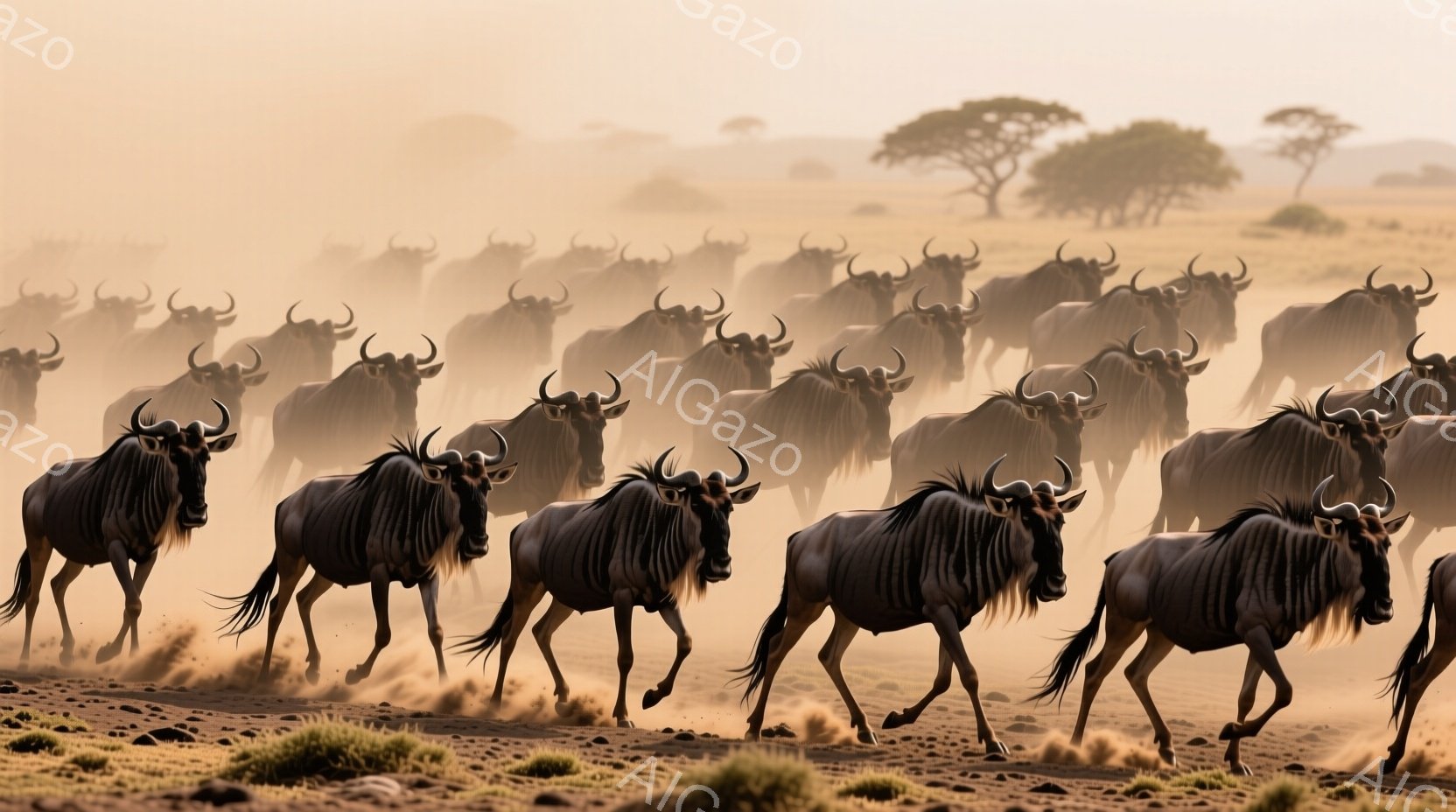 大量のヌーが埃っぽい平原を駆ける様子が捉えられています。ヌーたちは一列に並んで走り、強い日差しと舞い上がる土埃が、その迫力とスピード感を強調しています。遠景にはアカシアの木々が点在し、アフリカのサバンナの壮大な風景が広がっています。