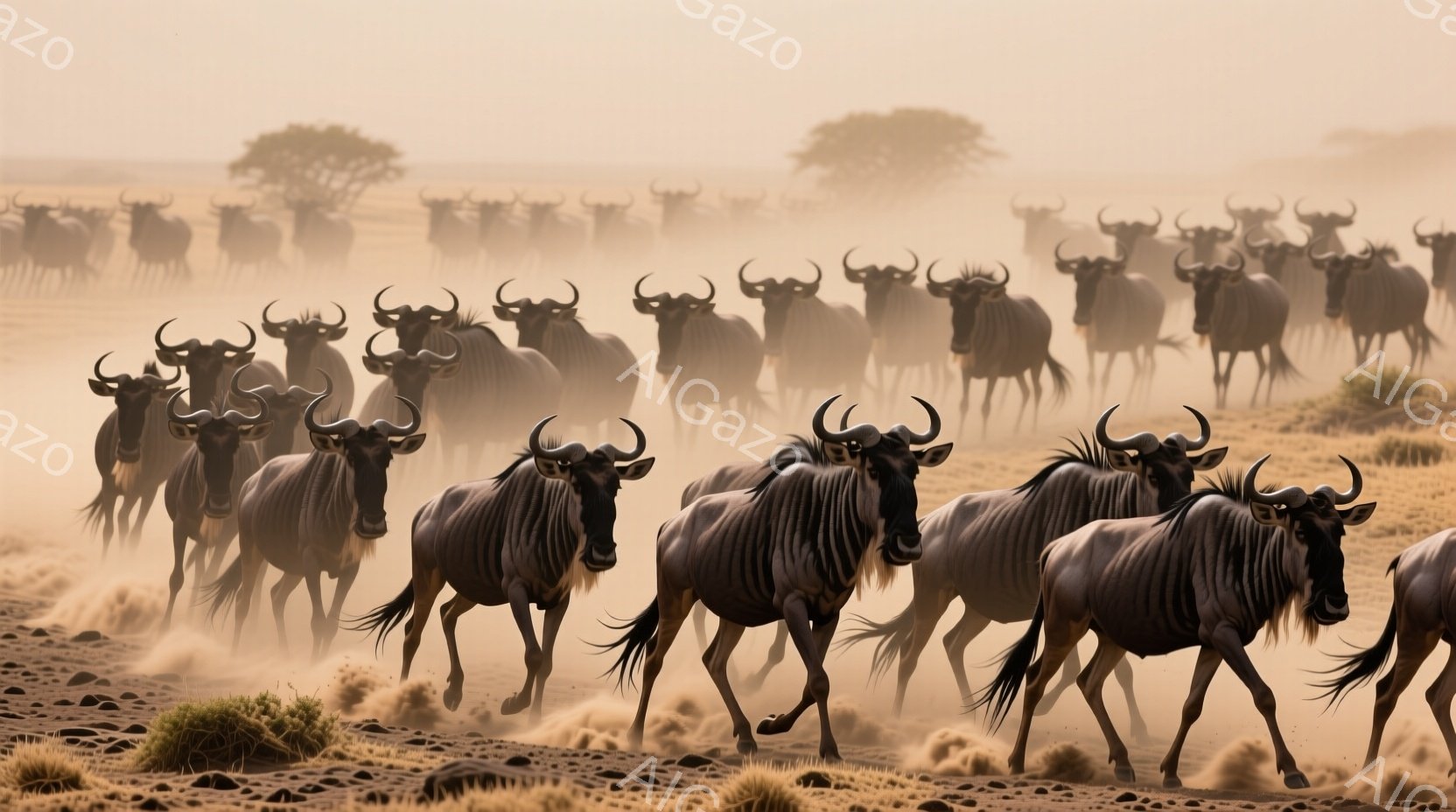 ヌーが砂埃を巻き上げながら一斉に走り去る様子が捉えられています。背景には乾燥した草原とまばらに生えた木々が広がり、全体的に埃っぽい、荒涼とした雰囲気です。ヌーたちは決然とした表情で、群れとしての力強い生命力を感じさせます。