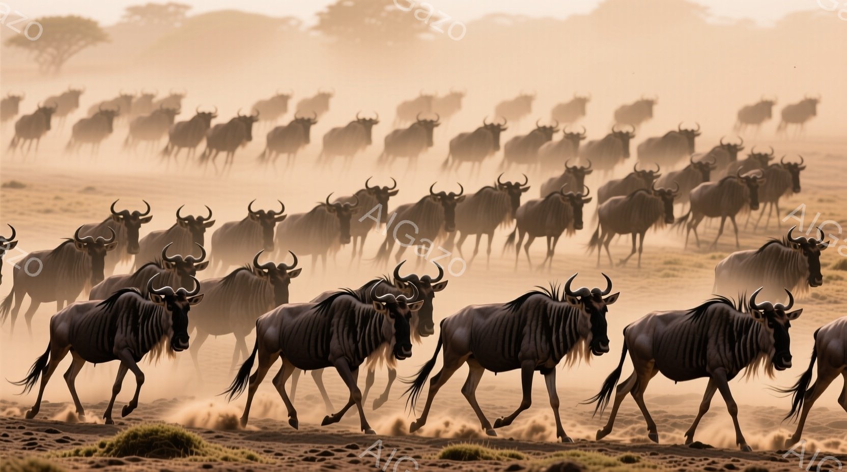 広大なサバンナで、シマウマのような模様を持つヌーが群れをなして走っている様子が写っている。埃っぽい地面が足元に巻き上げられ、背景は霞んでおり、朝焼けのような暖かい光が全体を包んでいる。力強く疾走するヌーたちの姿は、大自然の壮大さと生命力を感じさせる。