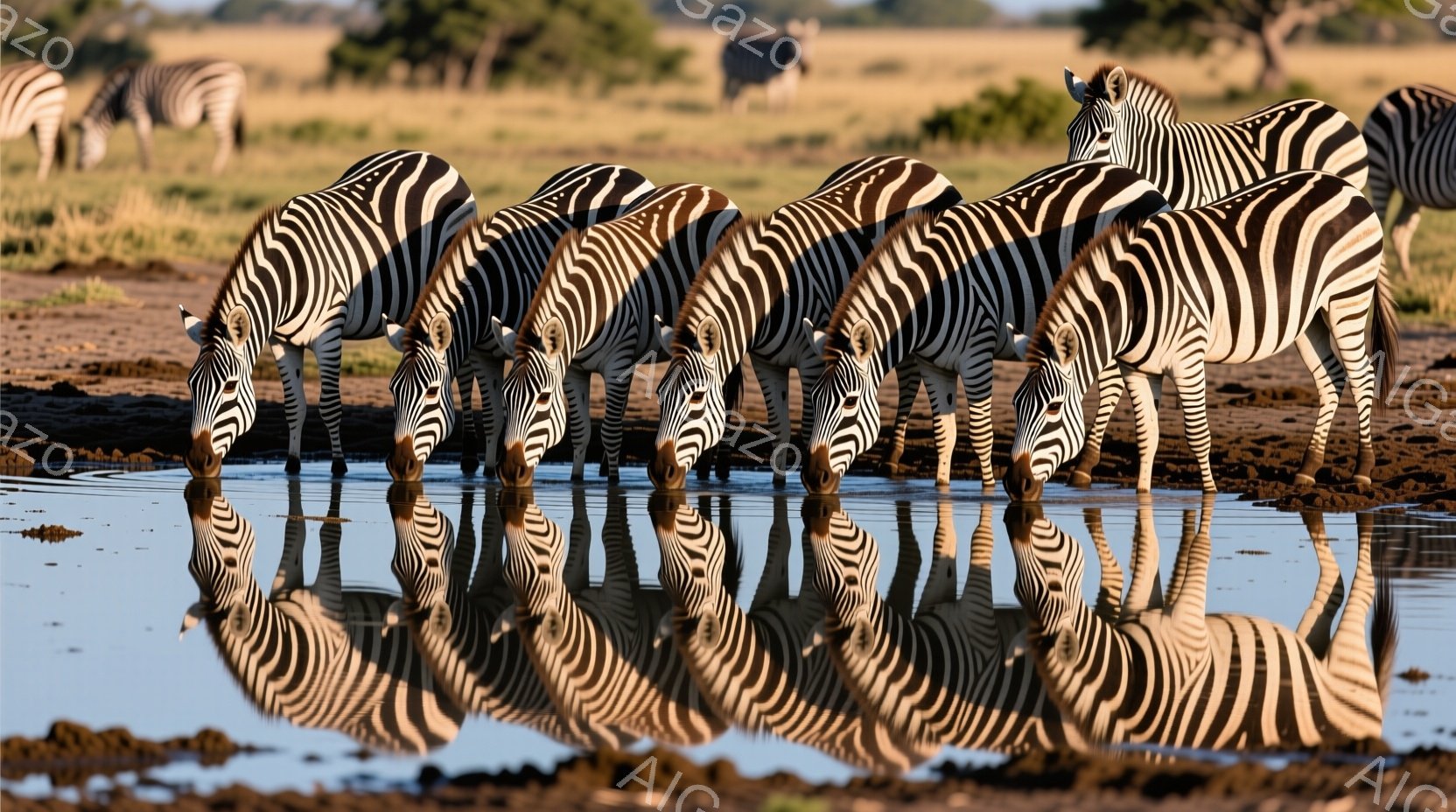シマウマたちが水たまりで水を飲んでいる様子が写っている。彼らは皆、特徴的な白黒の縞模様を持ち、同じ方向に首を伸ばして水を求めている。背景には、乾いた茶色の地面と、ぼんやりと見える遠くの草地が広がり、晴れた日の穏やかな雰囲気が漂っている。