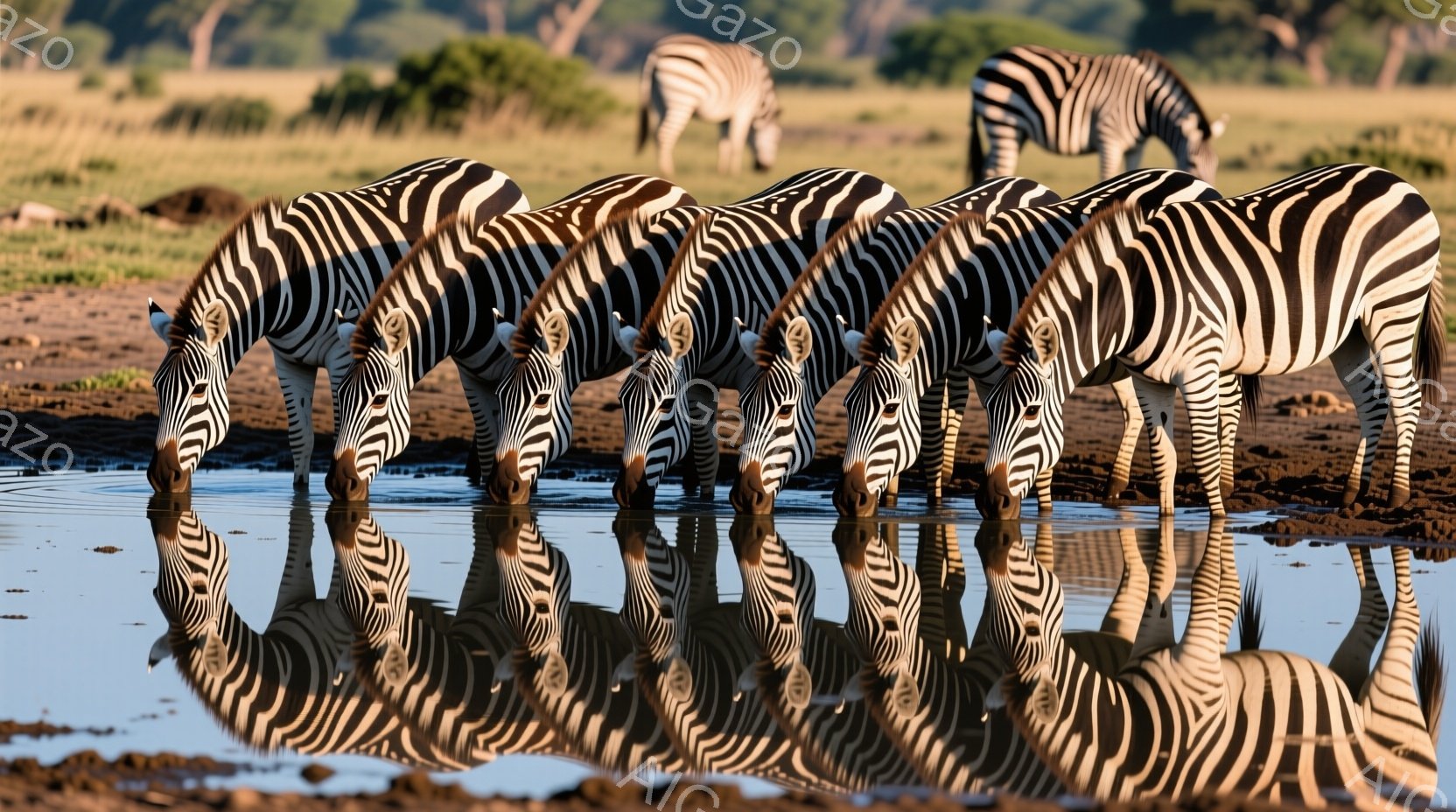 シマウマの群れが水場に集まり、水を飲んでいる様子が写っている。強い日差しの中で、シマウマの黒と白の縞模様が際立ち、水面にその姿が映り込んでいる。背景には乾燥した草原とわずかな木々が見え、アフリカのサバンナの自然が感じられる。