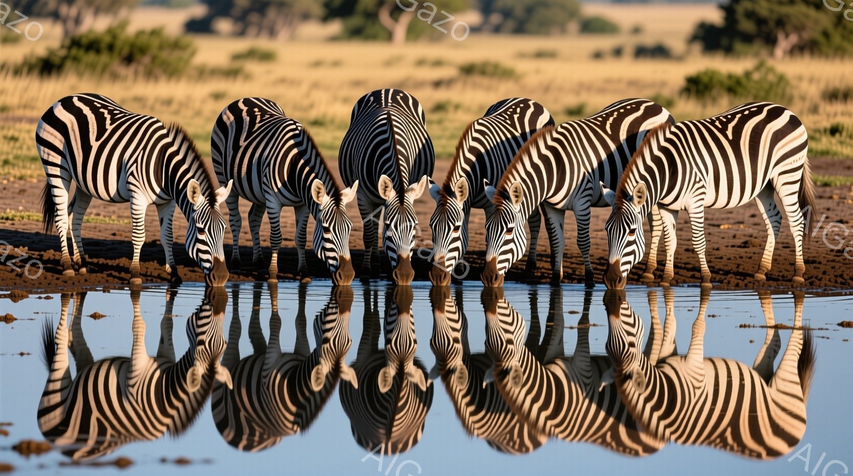 シマウマが水場で水を飲んでいる様子が写っている。シマウマたちは密集して水辺に集まり、水面に映る姿も確認できる。背景には乾いた草原が広がり、空は晴れ上がっていることから、乾燥した地域での暑い日の様子を表している。