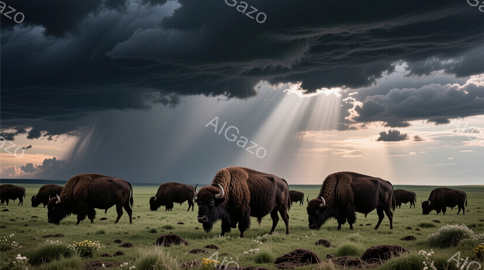 広大な緑の草原に、バイソン（アメリカバイソン）の群れが草を食んでいます。重厚な黒雲が空を覆い、強い光線が雲の間から差し込み、ドラマチックな雰囲気を醸し出しています。牧草地には小さな花々が点在し、バイソ - AI生成フリー素材