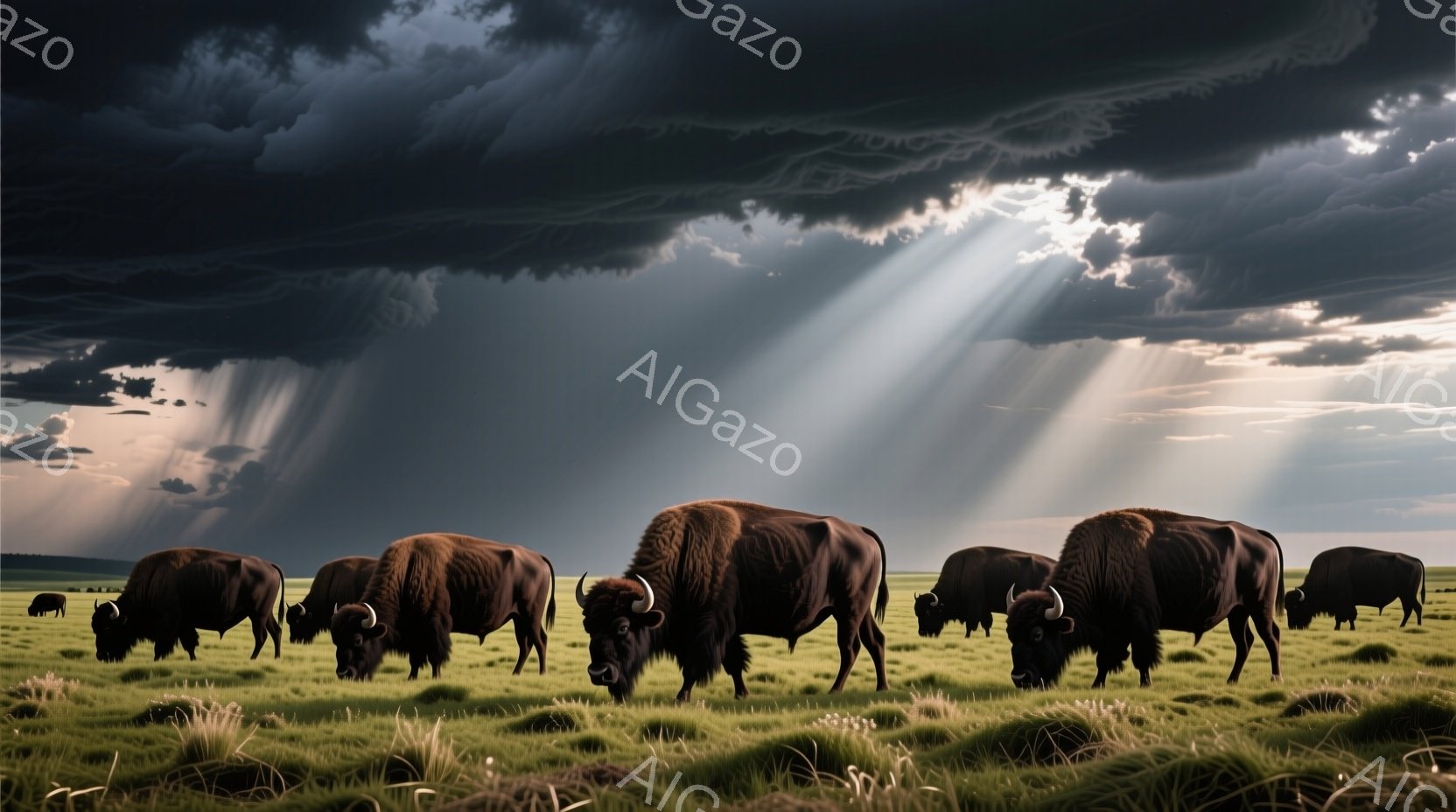濃い雲に覆われた空の下、バイソンが緑豊かな草原で静かに草を食んでいます。太陽光線が雲間から差し込み、バイソンの黒い毛並みを照らし出し、力強さと静寂が共存する雰囲気を醸し出しています。背景には広大な草原 - AI生成フリー素材
