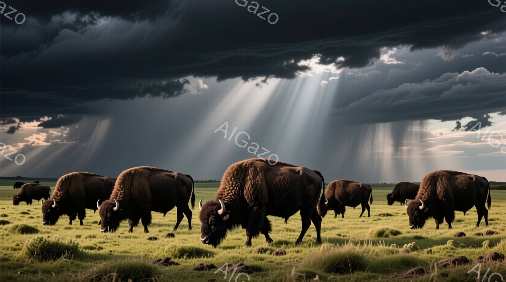 広大な緑の草原にバイソンが群れでいる様子が描かれています。バイソンたちは地面の草を食み、それぞれの個体が異なる方向に視線を向けています。暗い雲が空を覆い、そこから強い光線が差し込み、ドラマチックな雰囲 - AI生成フリー素材