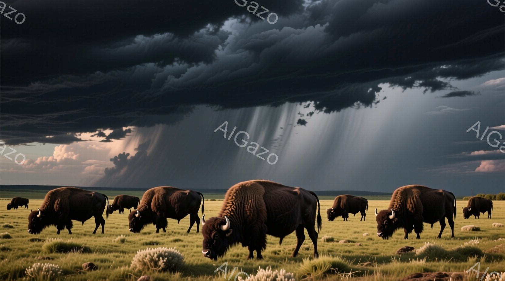 広大な草原にバイソンが群れで佇んでいます。夕暮れ時の空には重厚な雲が広がり、光線が差し込み、ドラマチックな光景を作り出しています。緑色の草地には白い花が点在し、バイソンの茶色の毛並みとのコントラストが - AI生成フリー素材