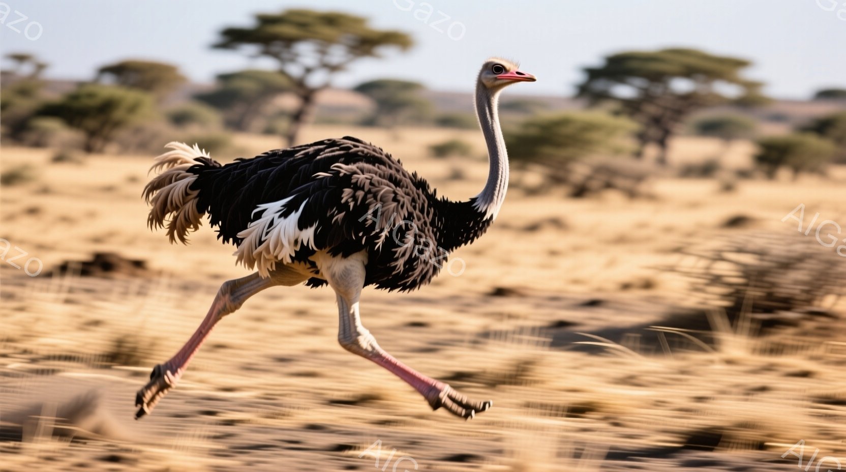 広大な砂漠地帯を、大きな鳥が全速力で走っている様子が捉えられています。黒と白のコントラストが鮮やかな羽毛を持ち、長い脚を大きく広げて地面を蹴り上げている姿は躍動感に満ちています。背景にはまばらに生えた木々が見え、乾燥した空気と照りつける太陽が感じられる、アフリカのサバンナの風景です。