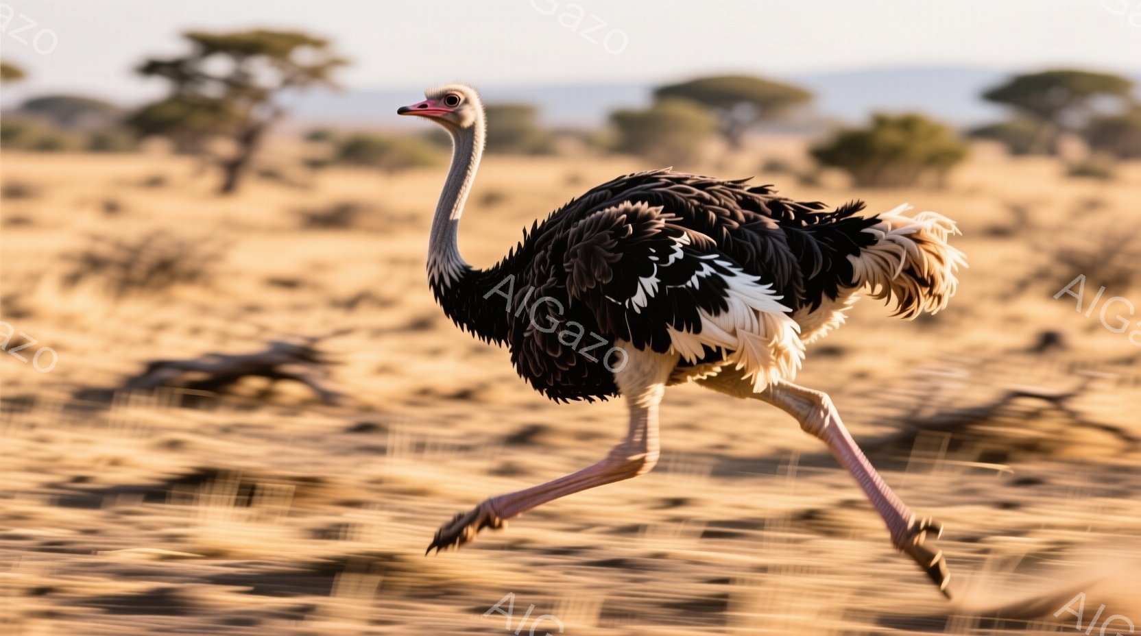 広大な砂漠地帯を、ダチョウが力強く走り抜けている様子が捉えられています。黒と白のコントラストが鮮やかな羽毛は躍動感を強調し、砂埃を巻き上げながら前進する姿は野生の力強さを感じさせます。遠景にはまばらに木々が見え、夕暮れ時の柔らかな光が砂漠を照らしています。
