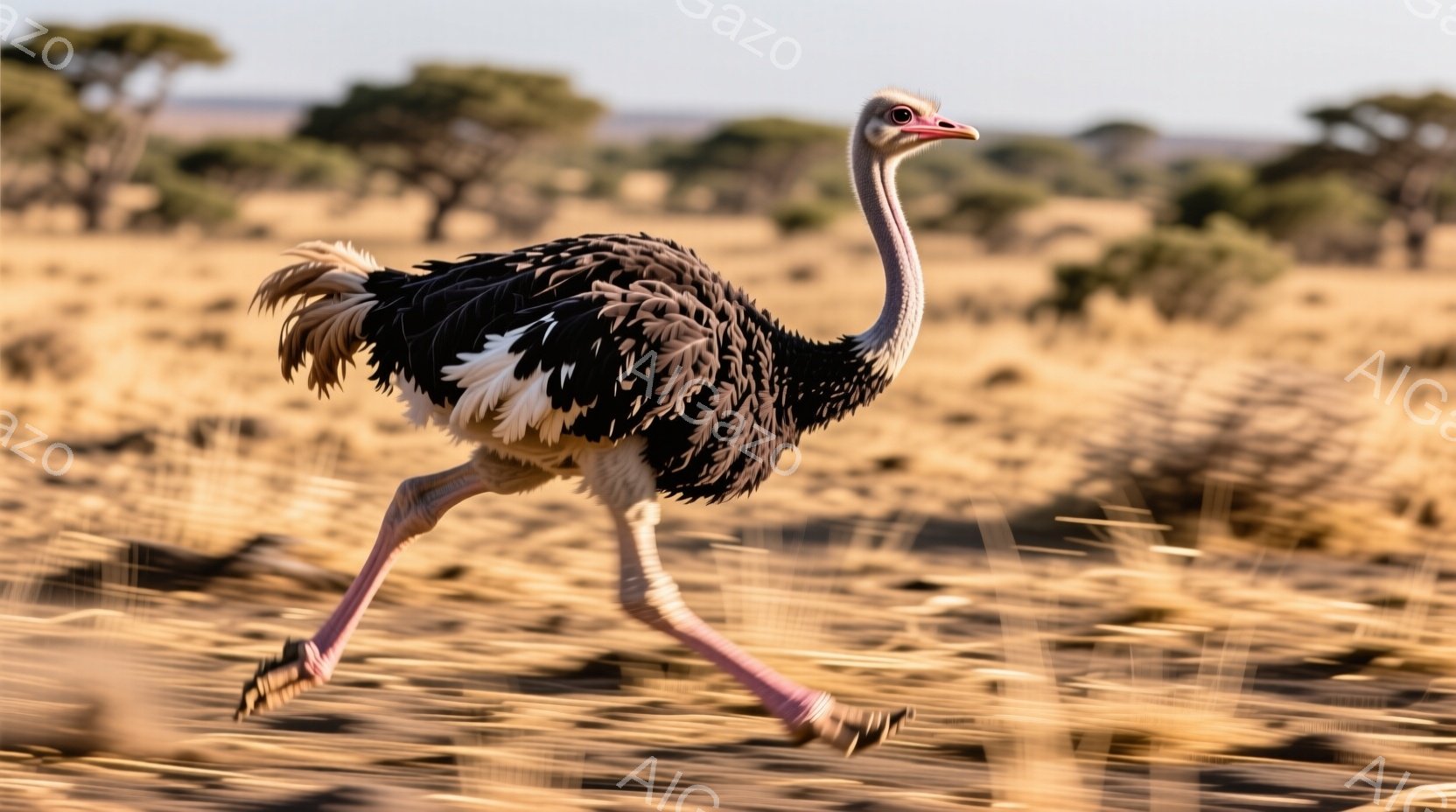 広大な乾燥地帯をダチョウが疾走している様子が捉えられている。ピンク色の脚を大きく広げ、体の毛は黒と白のコントラストが鮮やかで、スピード感あふれる躍動的な姿が印象的だ。背景にはまばらに木々が生い立ち、日 - AI生成フリー素材