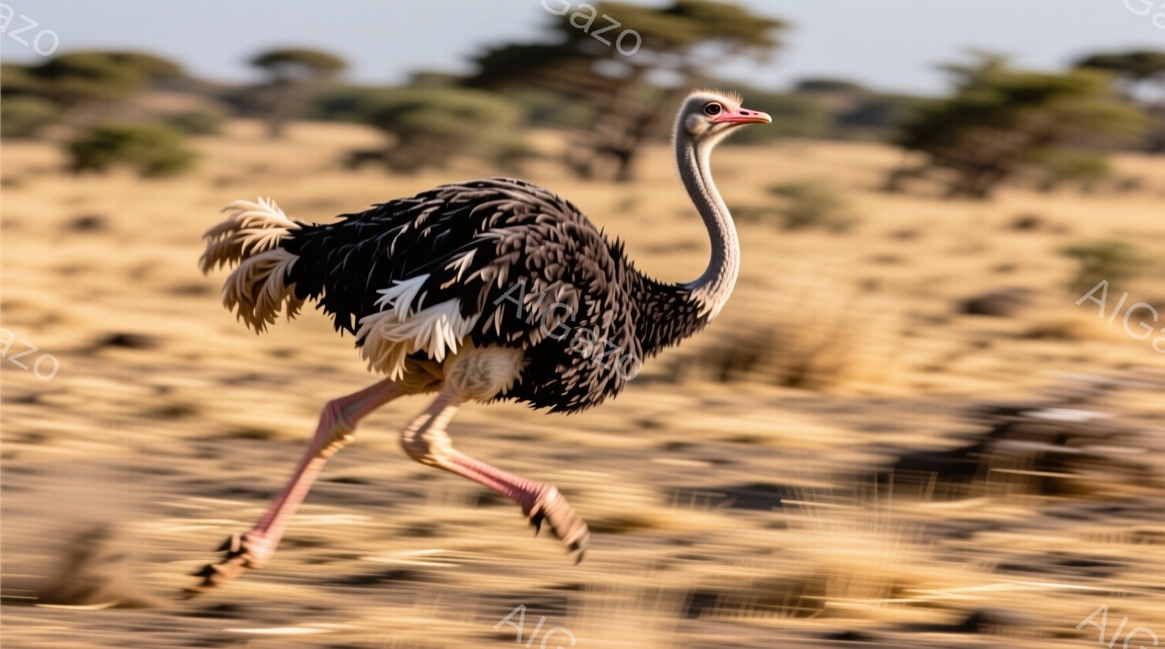 広大なサバンナでダチョウが一羽、力強く走り去る姿が捉えられています。赤い脚と首が印象的で、黒い羽毛が風になびいています。背景は乾燥した大地とまばらな木々で、晴天の下、活気ある雰囲気が伝わってきます。