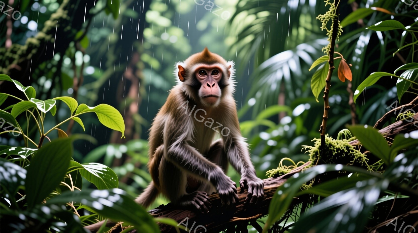 湿った熱帯雨林の中で、茶褐色の毛並みを持つ猿が木の枝にとまってこちらを見ている。その表情は穏やかで、好奇心旺盛な視線を送っている。背景には緑豊かな植物が生い茂り、雨粒が葉を濡らしている様子が伺え、全体的に湿潤で生命力溢れる雰囲気が漂っている。