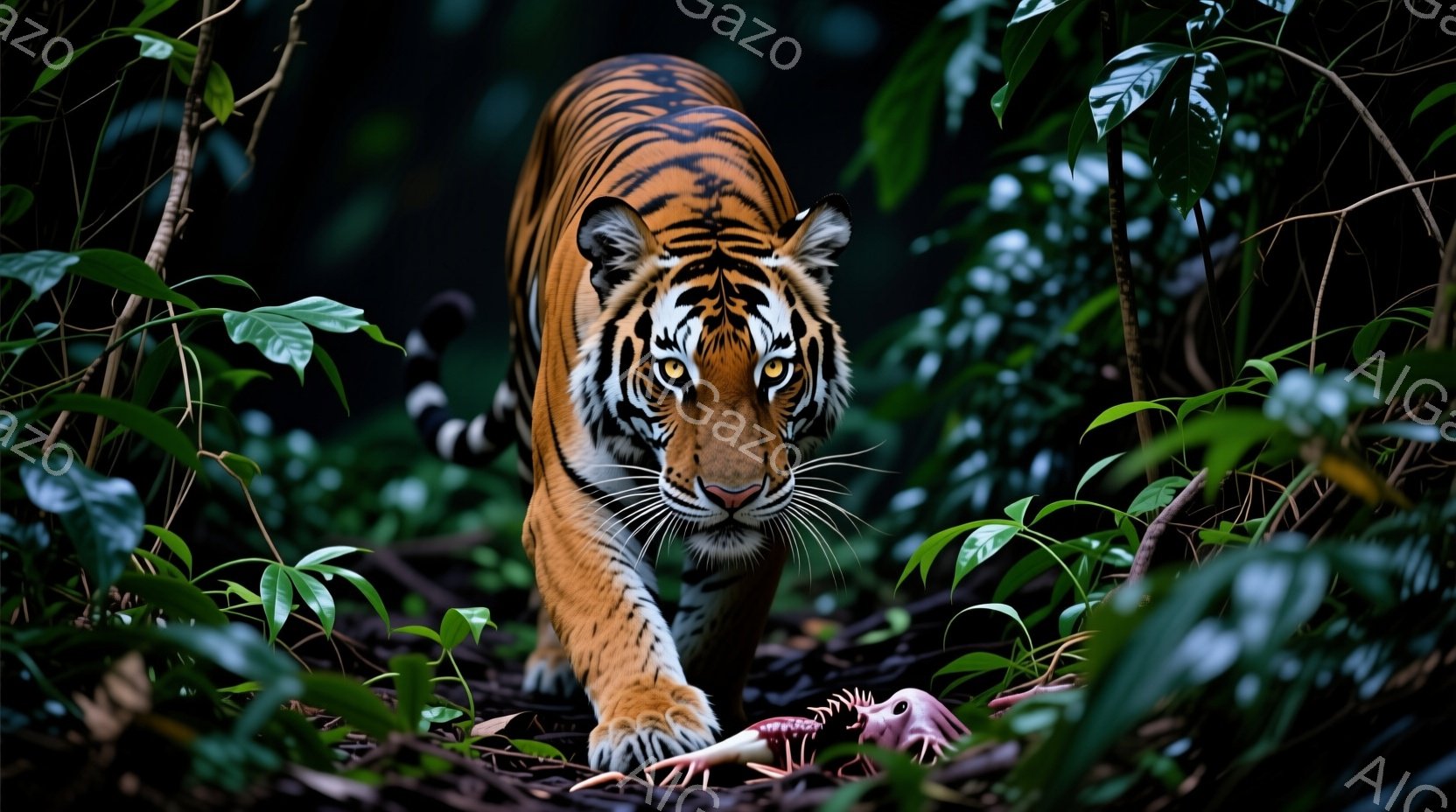 鮮やかなオレンジと黒の縞模様を持つトラが、緑豊かな熱帯雨林の中を捉えられています。トラは前足を大きく踏み出し、鋭い視線で正面を見つめており、力強く、自信に満ちた姿をしています。背景は濃い緑色の葉で覆われ、湿度の高いジャングルを連想させ、どこか神秘的な雰囲気を漂わせています。