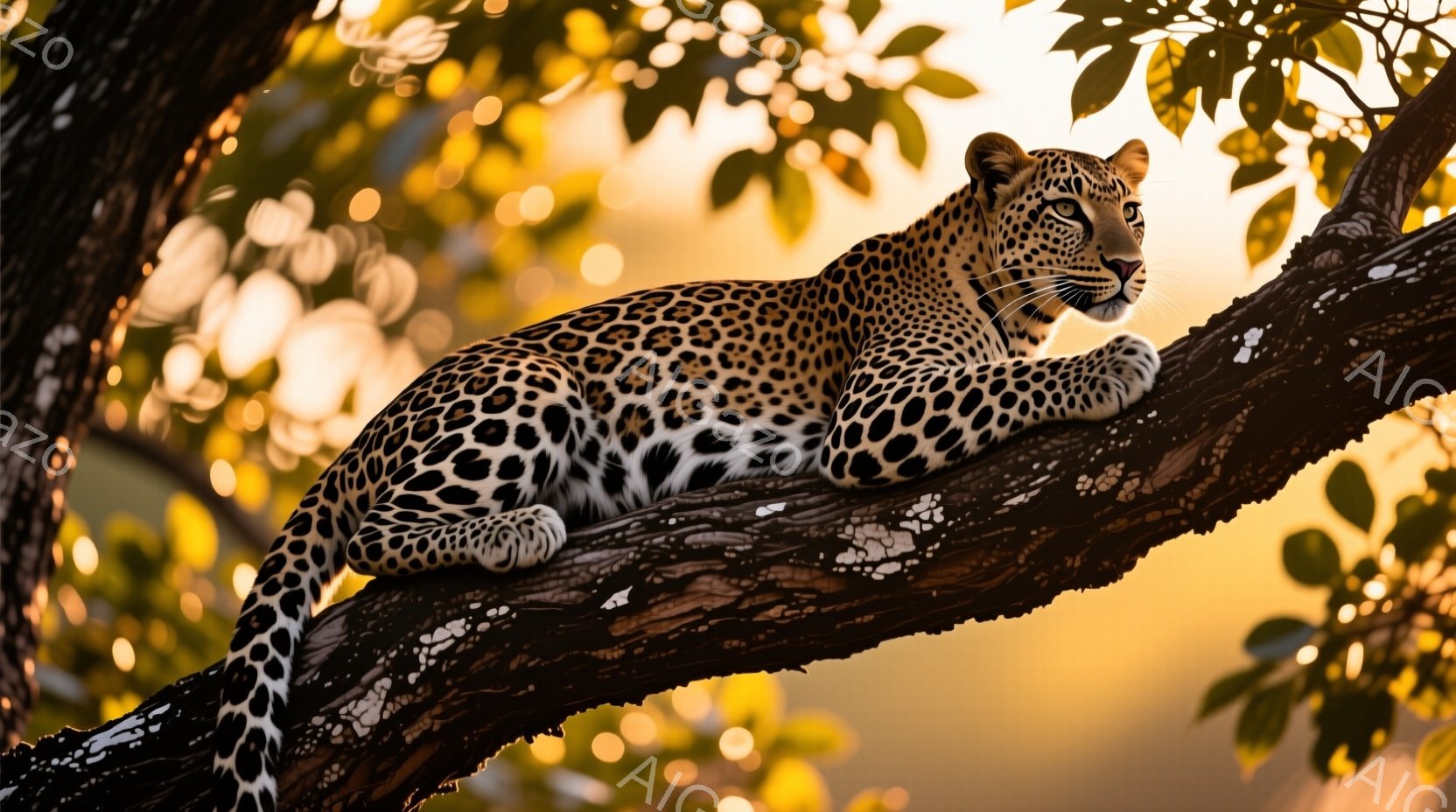 鮮やかな夕焼けを背景に、ヒョウが太い木の枝に優雅に横たわっている。その毛並みは特徴的な斑点模様で覆われ、鋭い眼差しは遠くを見つめている。暖かく黄金色の光が葉の間から差し込み、ヒョウのシルエットを際立たせ、リラックスした雰囲気を作り出している。