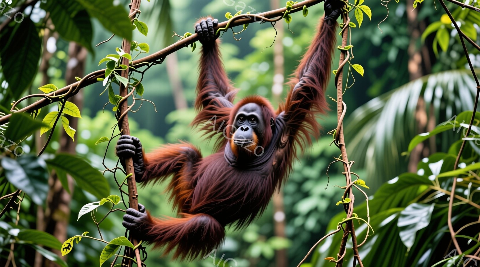 オランウータンが木の枝にぶら下がっており、その毛並みは赤茶色で長く、まるで髪のようである。その表情は穏やかで、周囲の緑豊かな熱帯雨林を見下ろしている。背景には様々な緑の葉が生い茂り、自然豊かな環境がうかがえる。