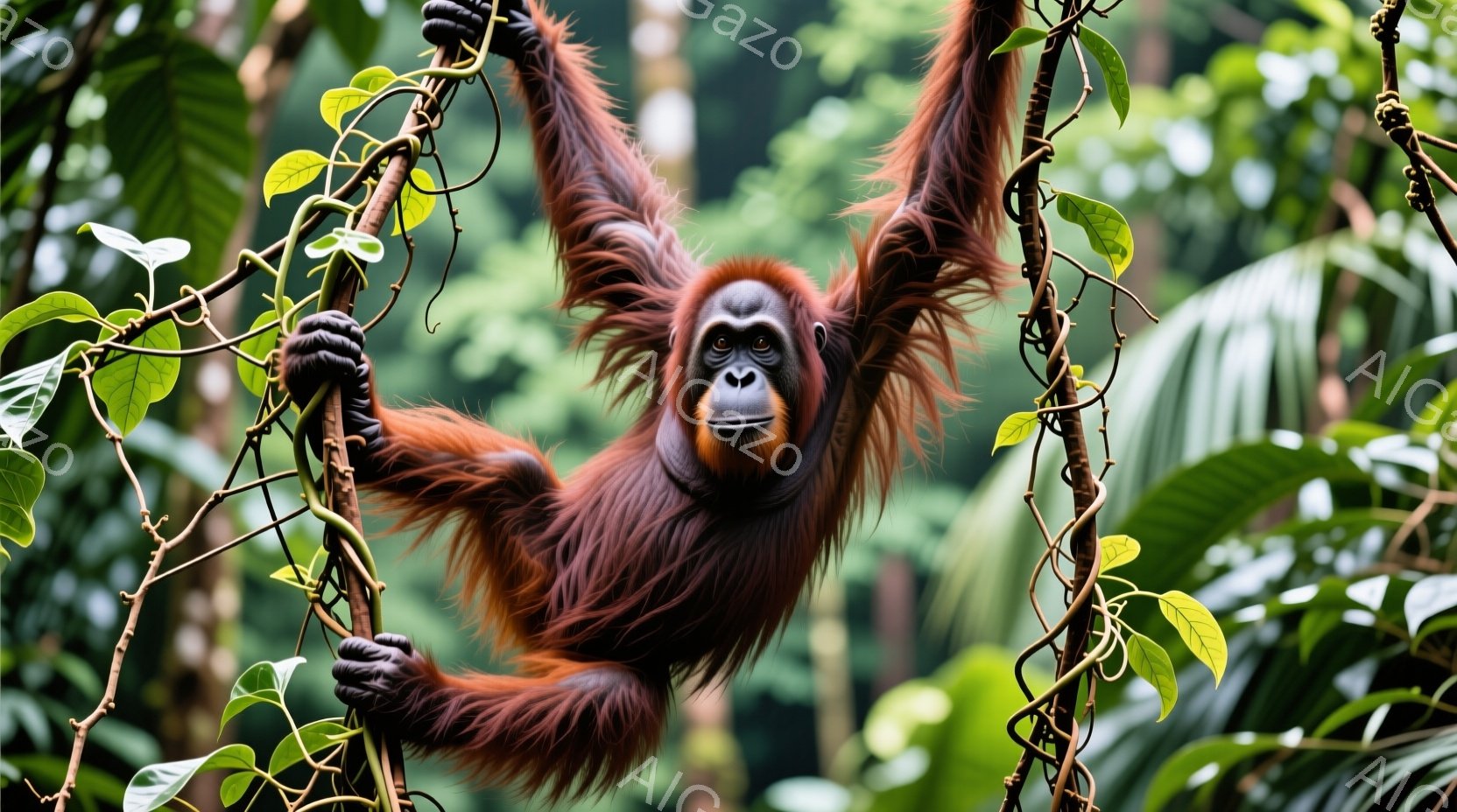 オランウータンが、緑豊かな熱帯雨林の木の枝にぶら下がっている様子が写っている。その毛並みは赤茶色で、腕を広げ、木の枝をしっかりと掴んでいる。背景には様々な緑の葉が生い茂り、湿度の高いジャングルの雰囲気が漂っている。