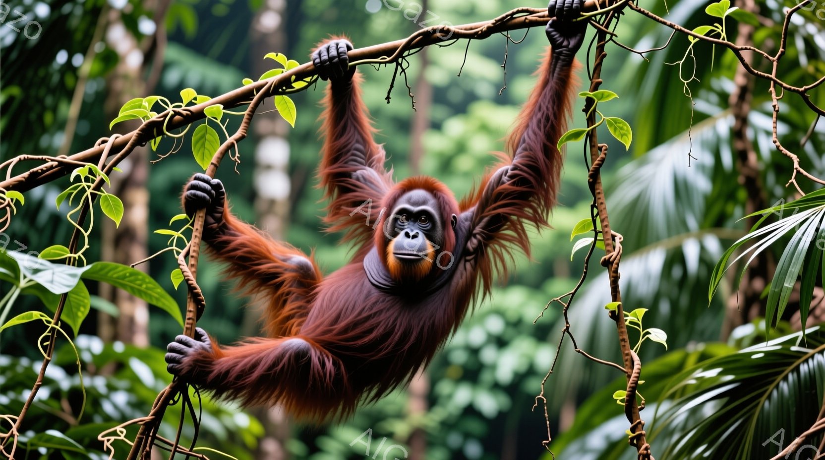 鮮やかな赤褐色の毛並みを持つオランウータンが、木の枝にぶら下がってこちらを見下ろしている。その表情は穏やかで、少しばかり好奇心旺盛な様子がうかがえる。背景は緑豊かな熱帯雨林で、様々な葉や植物が生い茂り、湿潤で生命力あふれる雰囲気を醸し出している。