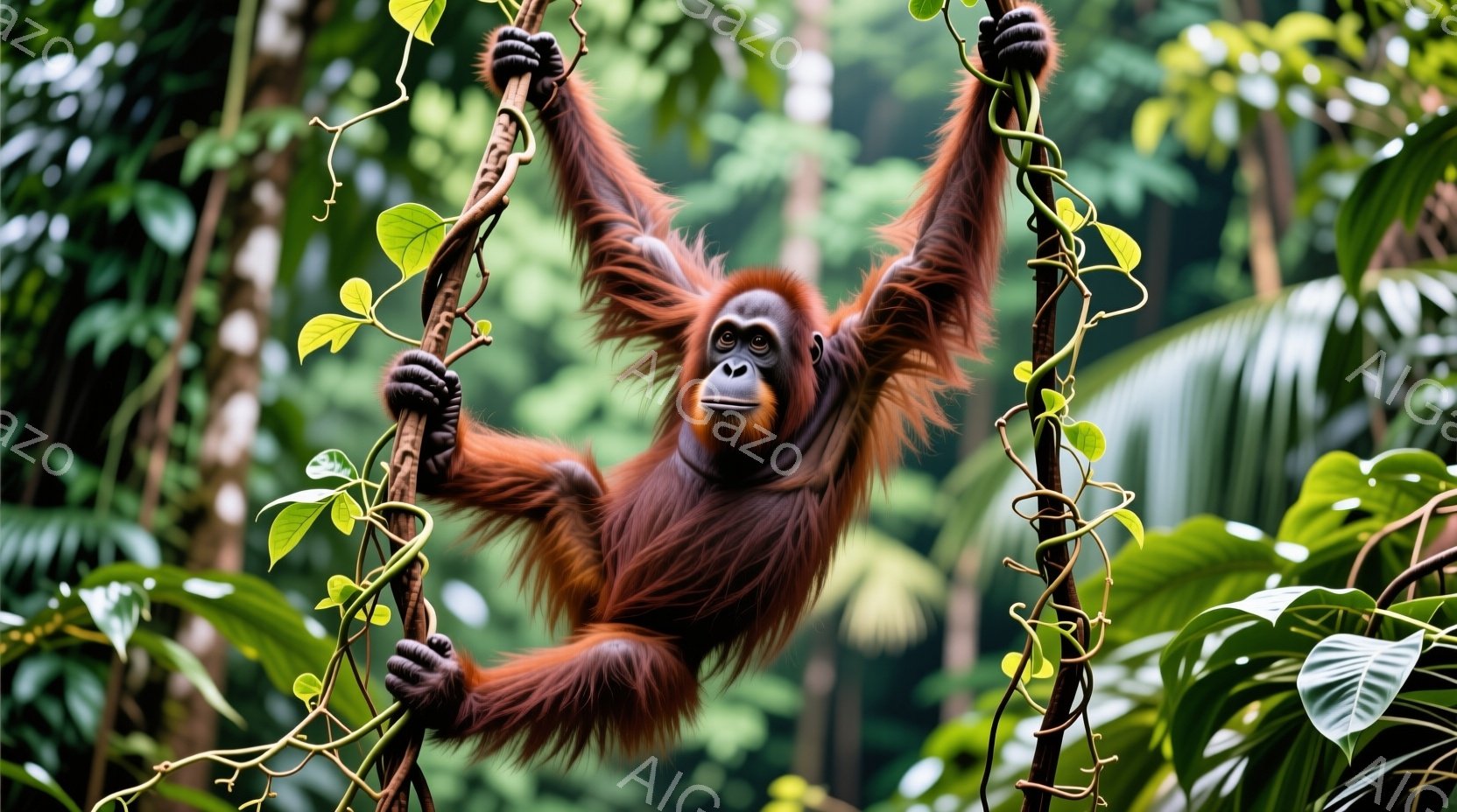 オランウータンが木々の間を懸垂している様子が捉えられています。体全体が赤褐色の毛で覆われ、両腕を大きく広げ、足もわずかに曲げて、まるで空中ブランコのように木々の中を移動しています。背景は緑豊かな熱帯雨林で、様々な種類の葉が生い茂り、自然の活気に満ちた雰囲気が漂っています。