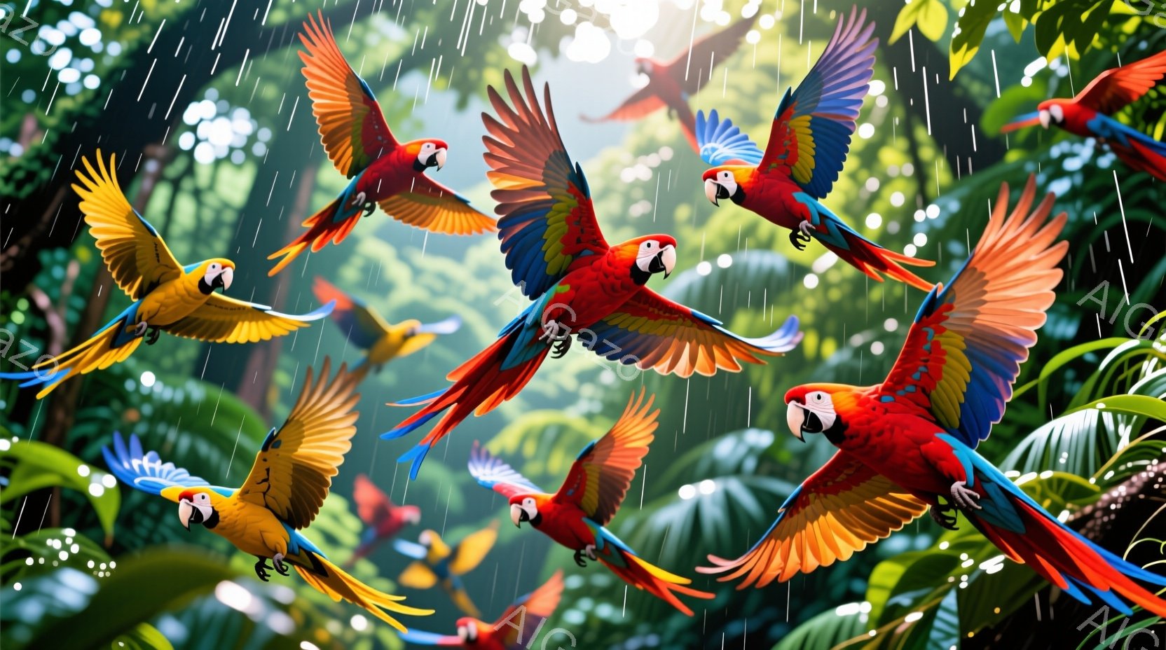 鮮やかな色のコンゴウインコが数羽、緑豊かな熱帯雨林の中で舞っている様子が描かれています。雨粒が降り注ぎ、葉っぱは雨で濡れており、背景は様々な緑色の植物でいっぱいです。空には太陽の光が差し込み、活気と自 - AI生成フリー素材