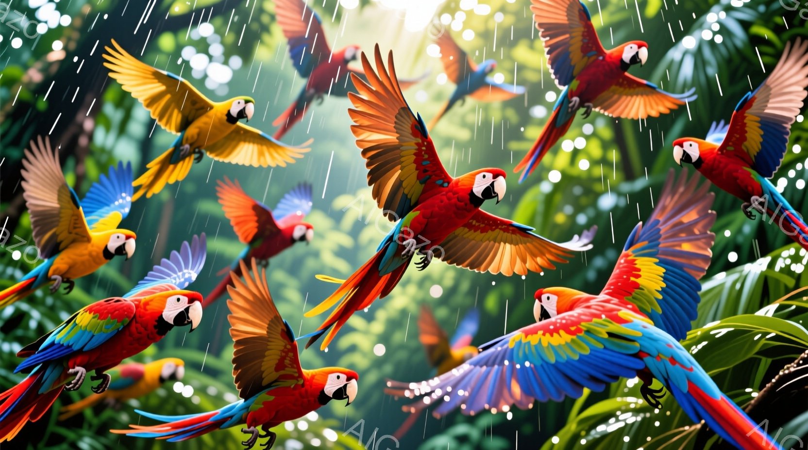 色とりどりのコンゴウインコたちが、緑豊かな熱帯雨林の中で飛び交っている様子が描かれています。雨粒が降り注ぎ、葉っぱの緑と鳥たちの鮮やかな色彩がコントラストをなしています。全体的に、活気に満ちた、エキゾ - AI生成フリー素材
