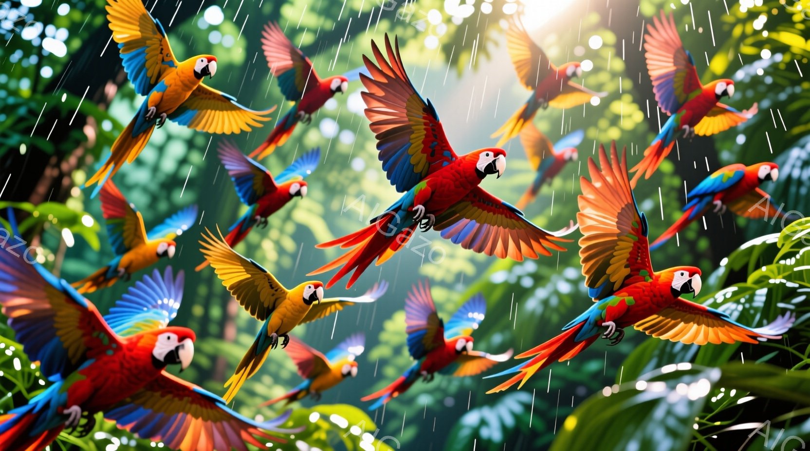 鮮やかな赤、青、黄色のコンゴウインコが、緑豊かな熱帯雨林の中で群れをなして飛んでいる様子が描かれています。太陽光が葉の間から差し込み、雨が降り注ぐ中、鳥たちは翼を広げ、活気に満ちた動きを見せています。 - AI生成フリー素材