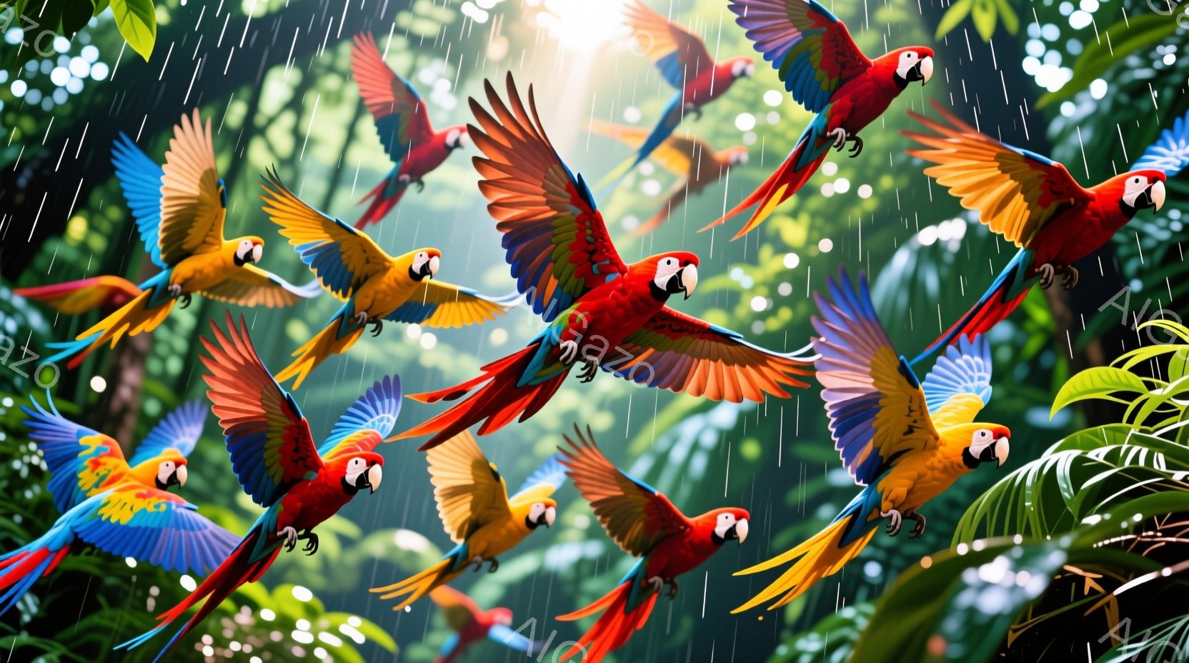 熱帯雨林を背景に、鮮やかな赤い、青い、黄色のコンゴウインコが多数群れをなして飛んでいます。雨が降り注ぎ、緑豊かな葉が生い茂る中、鳥たちは翼を広げ、ダイナミックな飛行姿勢を見せています。全体的に、エネル - AI生成フリー素材