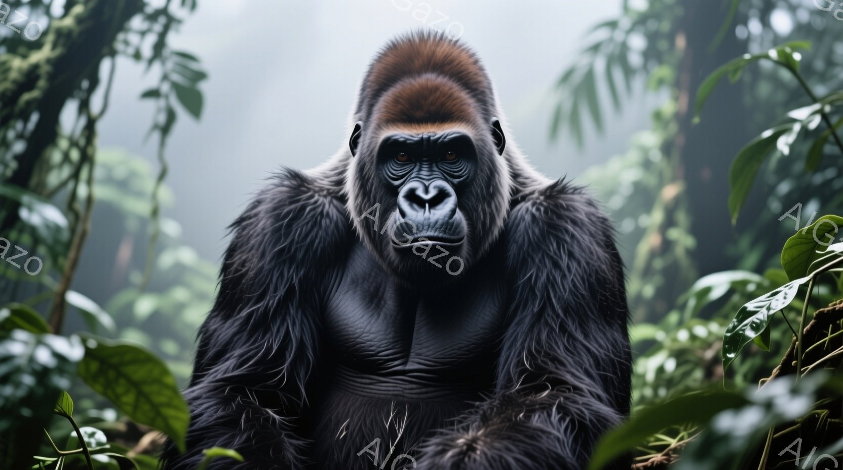 緑豊かな熱帯雨林の中で正面を向いたゴリラのクローズアップです。ゴリラは筋肉質で、暗い毛並みで覆われています。表情は厳かで、強い視線をカメラに向けています。 - AI生成フリー素材