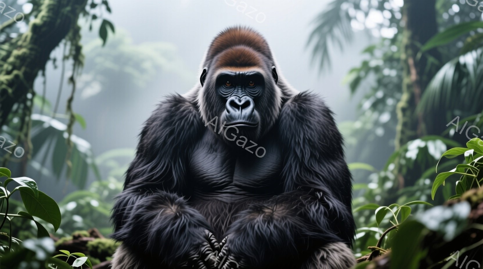 密な熱帯雨林の緑に囲まれた、堂々としたゴリラの正面からのクローズアップです。 ゴリラは力強い姿勢で座り、視線をカメラに向け、少しばかり威圧的でありながらも威厳のある表情をしています。 背景は鮮やかな緑 - AI生成フリー素材