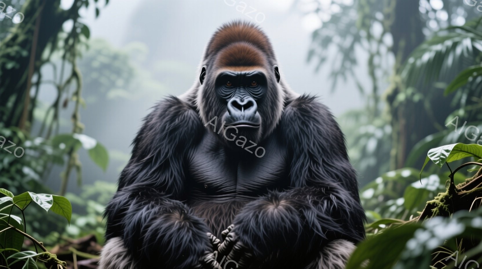 鬱蒼とした緑の植物に囲まれたゴリラが正面を向いて座っている様子を捉えたものです。ゴリラは暗い毛並みで覆われ、厳しい表情でカメラを見つめています。背景は深い緑色の熱帯雨林で、霧がかかっており、全体的に神秘的で力強い雰囲気を醸し出しています。