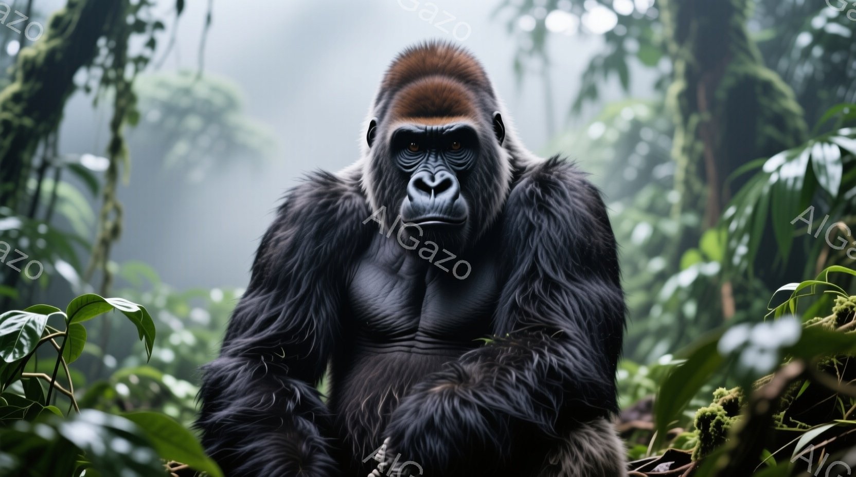 深い緑の熱帯雨林の中で、堂々としたゴリラが正面を向いて座っている。ゴリラは暗い毛並みを持ち、鋭い眼差しでカメラを見つめている。背景には濃い緑の植物が生い茂り、湿った熱帯の雰囲気を醸し出している。 - AI生成フリー素材