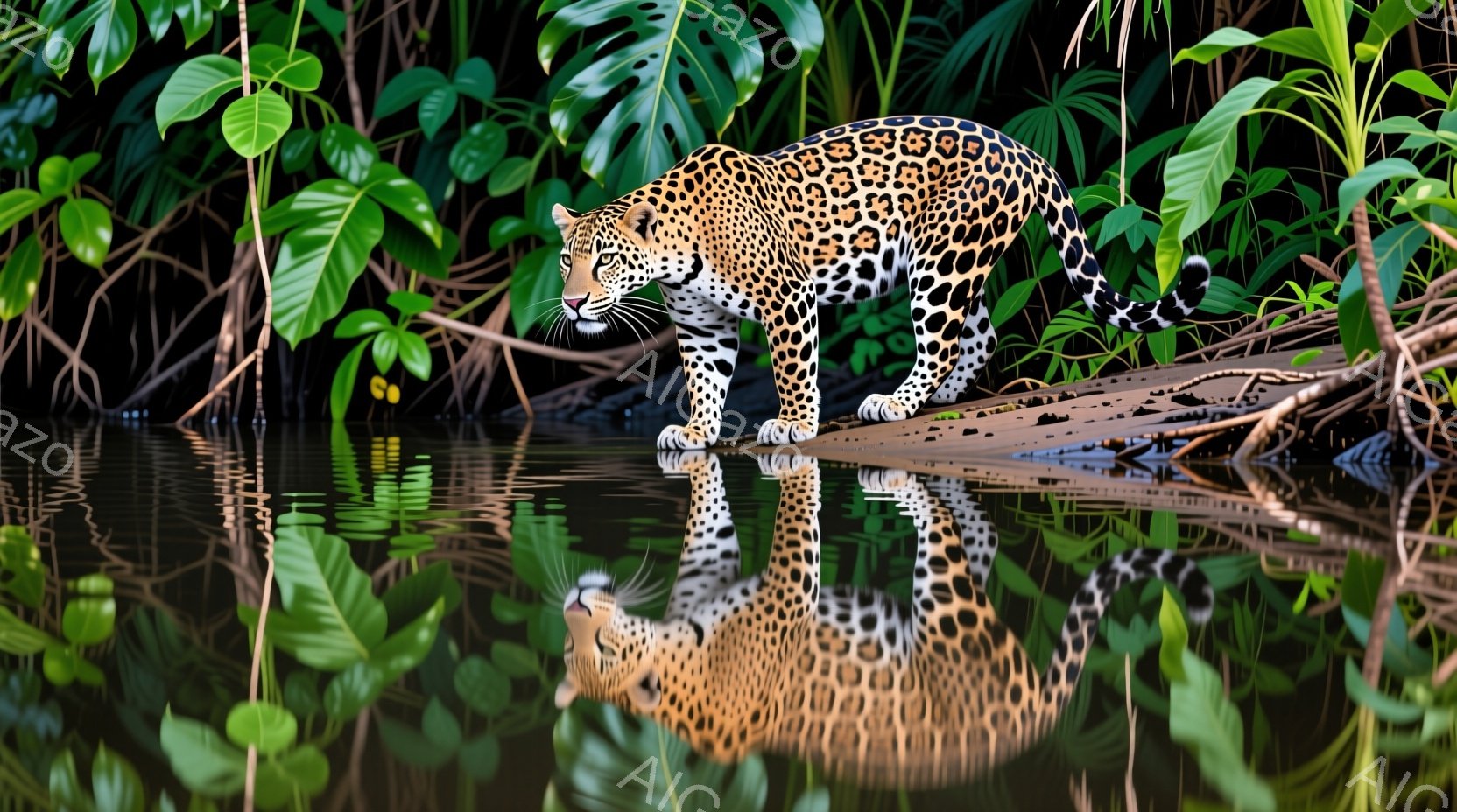 緑豊かな熱帯雨林の中で、一頭のジャガーが水辺に佇んでいます。その毛並みは鮮やかな黄色と黒の斑点で覆われ、水面に映る姿はまるで鏡に映ったように美しいです。周囲には熱帯植物が生い茂り、静かで神秘的な雰囲気を醸し出しています。