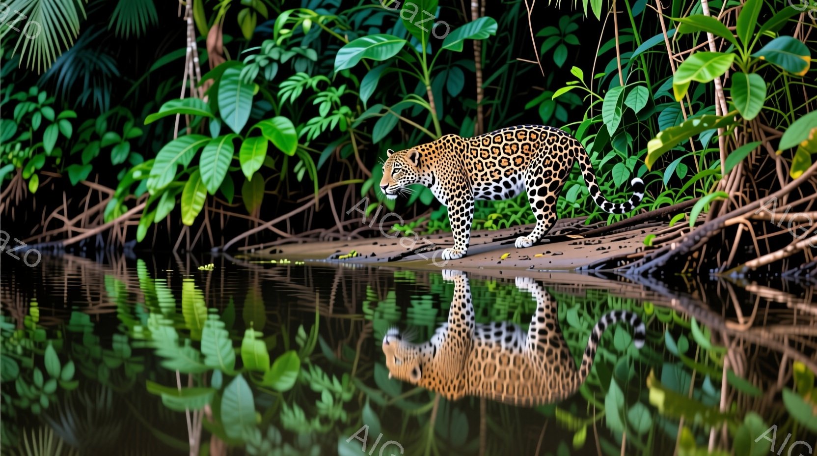 鮮やかな緑の熱帯雨林の中で、一頭のジャガーが泥の堤防の上を歩いている。その姿は水面に鮮明に映り込み、周囲の緑とのコントラストが美しい。湿度の高い熱帯の雰囲気と、ジャガーの野生的な優雅さが伝わってくる。 - AI生成フリー素材