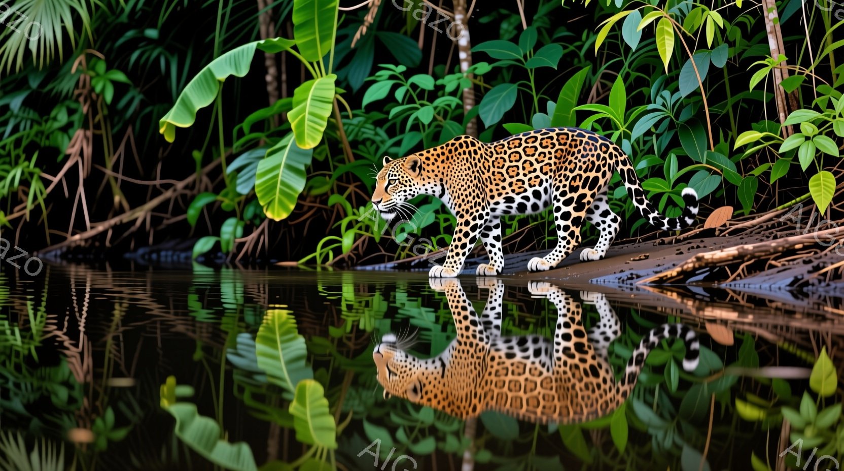 鮮やかなジャガーが暗い水辺に立っており、その姿が水面に鮮明に映り込んでいる。周囲は緑豊かな熱帯雨林で、濃い緑の葉が背景を覆い、湿気と生命力に満ちた雰囲気を醸し出している。 ジャガーの鋭い視線と流れるよ - AI生成フリー素材