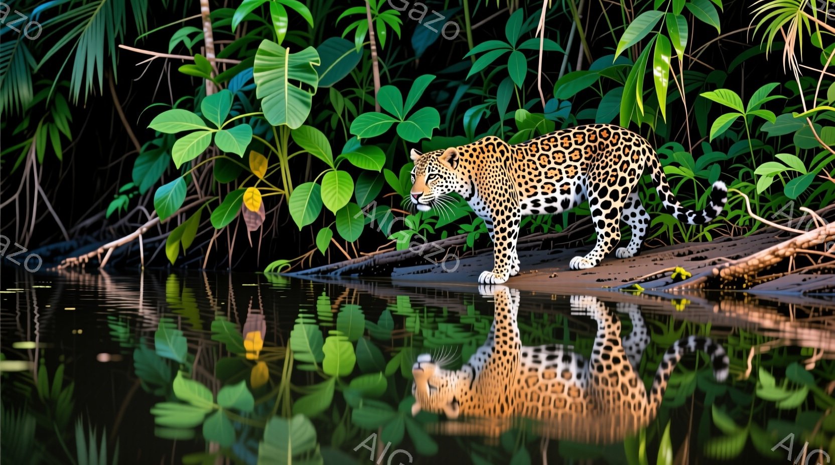 熱帯雨林の暗い水辺に、ヒョウがそっと佇んでいます。その体毛は美しい斑点で覆われ、水面に鮮明に反射しています。周囲は緑豊かな植物に囲まれ、静寂で神秘的な雰囲気を醸し出しています。