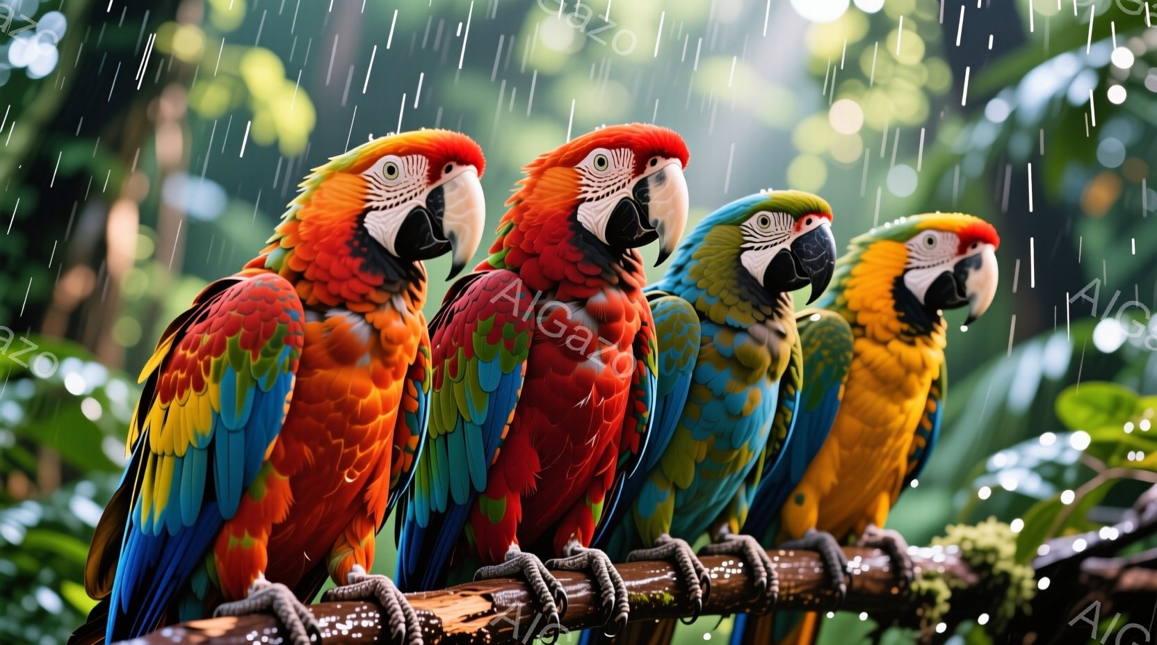明るい色彩のコンゴウインコが、枝に並んでこちらを見ている。雨粒が降り注ぎ、緑豊かな背景がインコの鮮やかな色を引き立てている。全体的に、生き生きとした自然の息吹を感じさせる、湿り気のある熱帯の雰囲気が漂う。