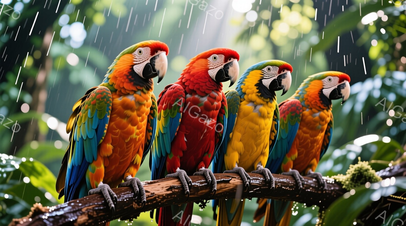 色鮮やかなコンゴウインコが四羽、木の枝に並んで座っている。雨粒が降り注ぐ緑豊かな背景と、光の筋が差し込む幻想的な雰囲気の中で、それぞれの個性的な羽の色が際立っている。鳥たちは前方をまっすぐ見つめ、静かで堂々とした姿勢で、自然の中で生き生きととしている様子が伝わる。