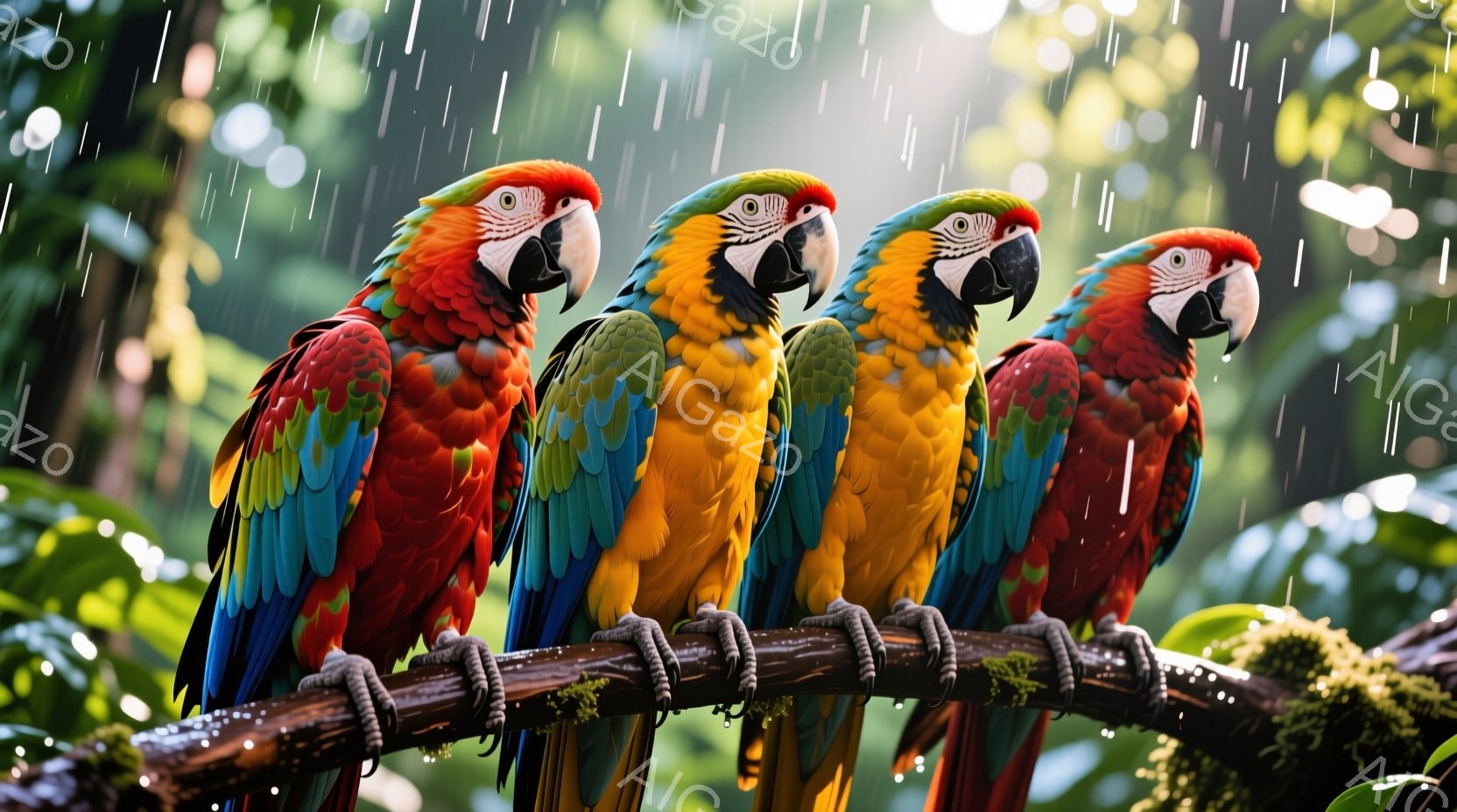 鮮やかな色のコンゴウインコが四羽、太い木の枝に並んで座っている。彼らはほぼ同じ姿勢で、少し上を見ているようで、湿った羽毛は雨粒で濡れている。背景は緑豊かな熱帯雨林で、葉っぱや植物が密集し、雨が降ってい - AI生成フリー素材