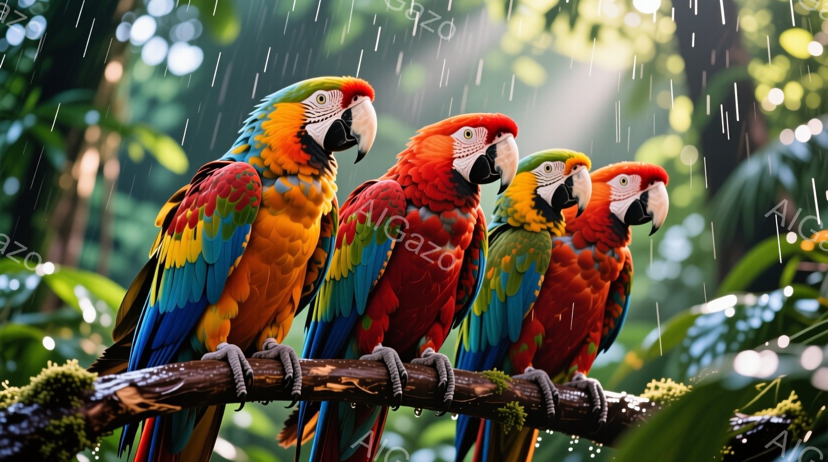 鮮やかな色のコンゴウインコが枝に並んで座っています。彼らは皆、同じ方向に顔を向け、鋭い眼差しで何かを見つめています。背景は緑豊かな熱帯雨林で、雨が降り注ぎ、湿った大気を感じさせます。