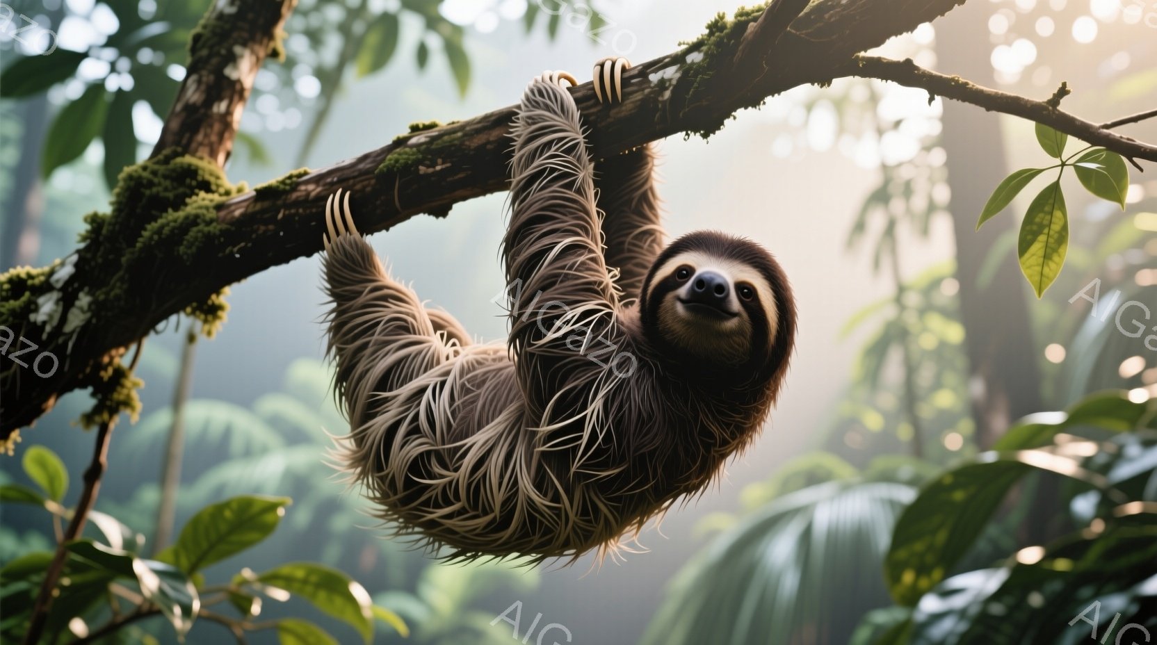 緑豊かな熱帯雨林の中で、木の枝にぶら下がっているナマケモノが写っています。その毛並みは茶色と白の複雑な模様で、毛むくじゃらの姿が特徴的です。背景には緑の葉が生い茂り、光が差し込むことで、静かで穏やかな - AI生成フリー素材