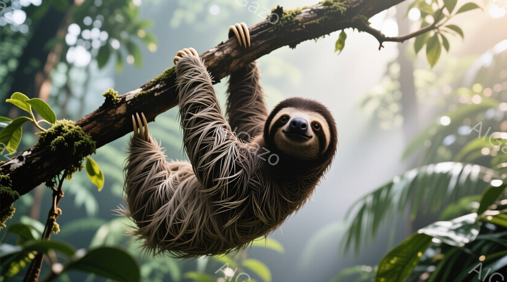 ナマケモノが木の枝にぶら下がっている様子が捉えられています。その毛並みは湿っており、雨上がりのジャングルにいることを示唆しています。背景には緑豊かな植物が生い茂り、光が差し込んで幻想的な雰囲気を醸し出しています。