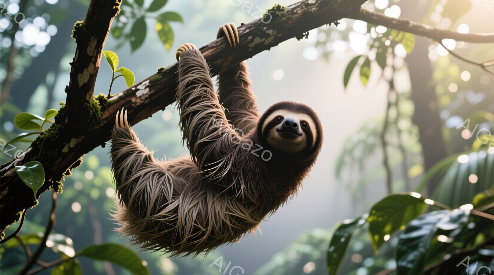 木の枝にぶら下がっているナマケモノが写っています。毛並みは茶色と白のコントラストが美しく、少し微笑んでいるような表情をしています。背景には緑豊かな熱帯雨林が広がり、光が差し込んで幻想的な雰囲気を醸し出しています。