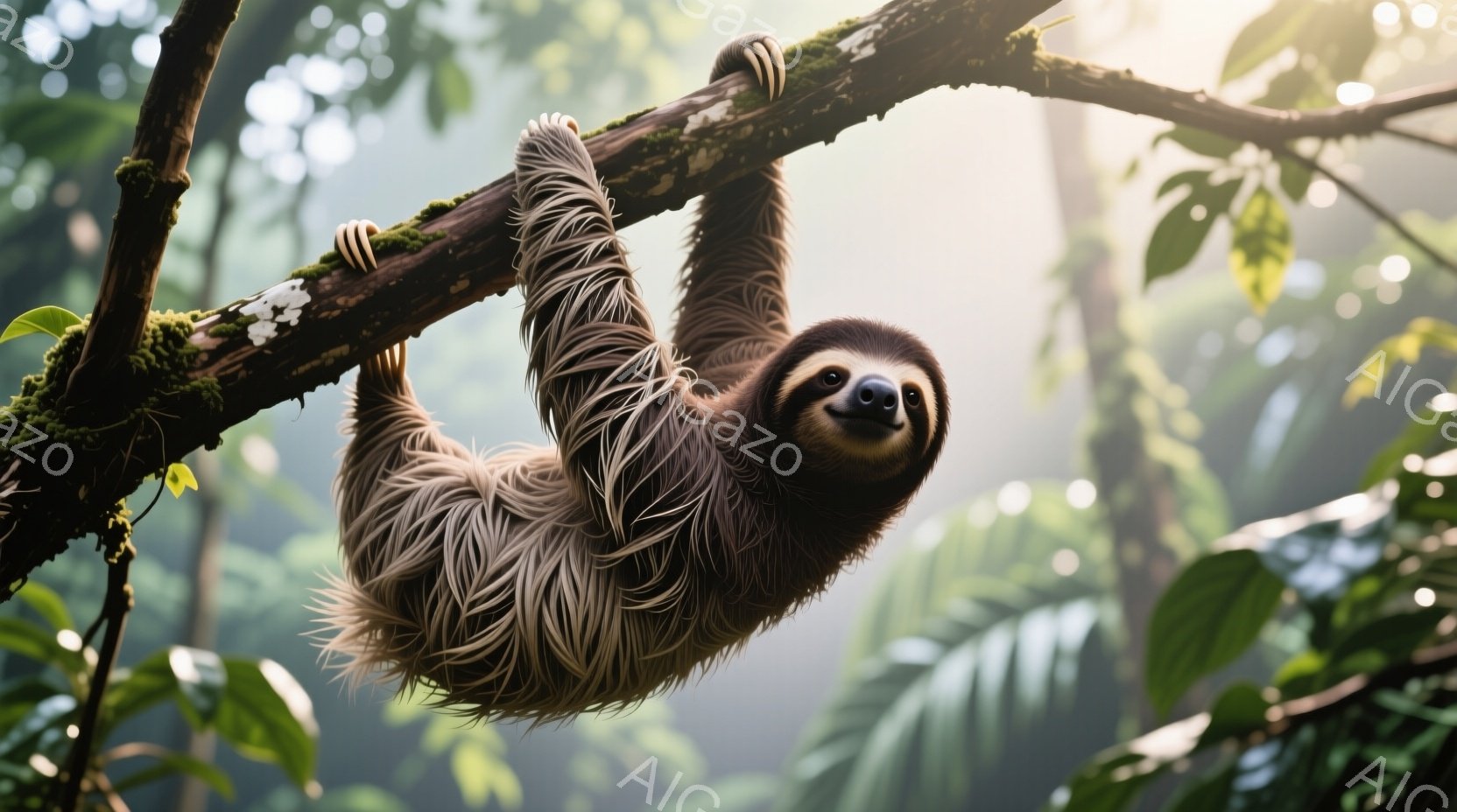 ナマケモノが太い木の枝にぶら下がっている様子が捉えられています。その表情は穏やかで、まるで微笑んでいるように見えます。背景には緑豊かな熱帯雨林が広がり、柔らかい光が差し込んで、幻想的な雰囲気を醸し出しています。