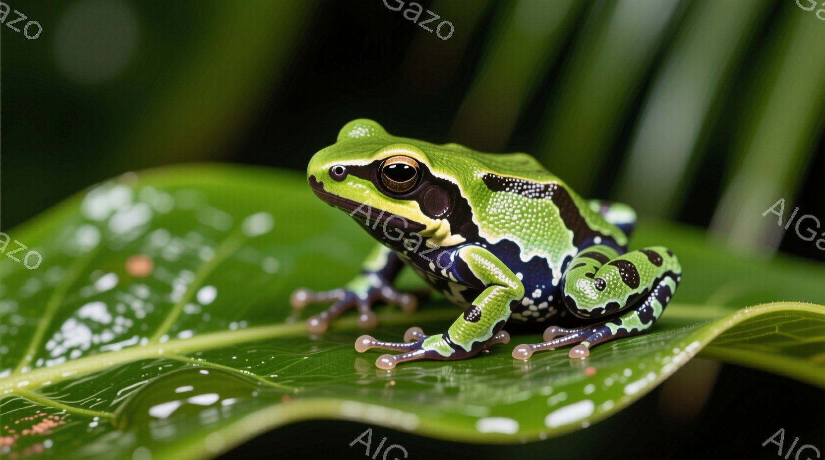 鮮やかな緑色のヤドクガエルが、大きな緑色の葉の上に座っています。ガエルは黒い斑点模様を持ち、オレンジ色の指と足を持っています。葉の上には水滴があり、背景は濃い緑色の熱帯雨林のような自然環境で、湿度の高 - AI生成フリー素材