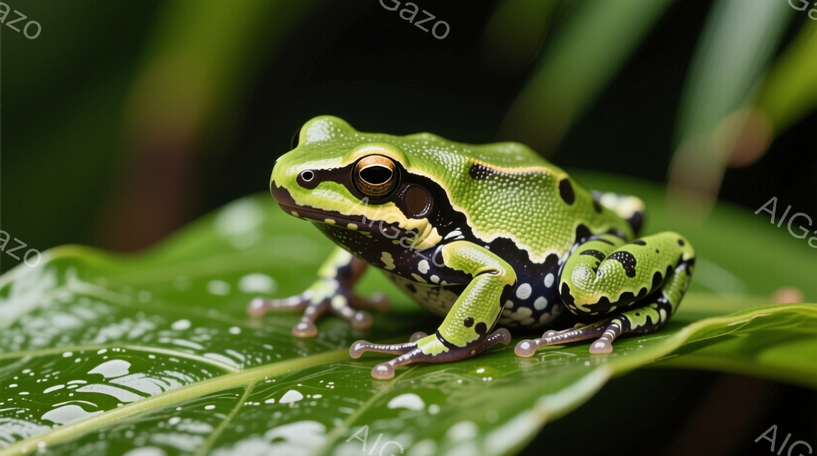 鮮やかな緑色の小さなカエルが、水滴のついた緑色の大きな葉っぱの上に座っています。カエルの体には黒い斑点と白い縁取りがあり、その目は金色に輝いています。背景は緑豊かな植物で覆われ、雨上がりのしっとりとした自然の雰囲気が漂っています。