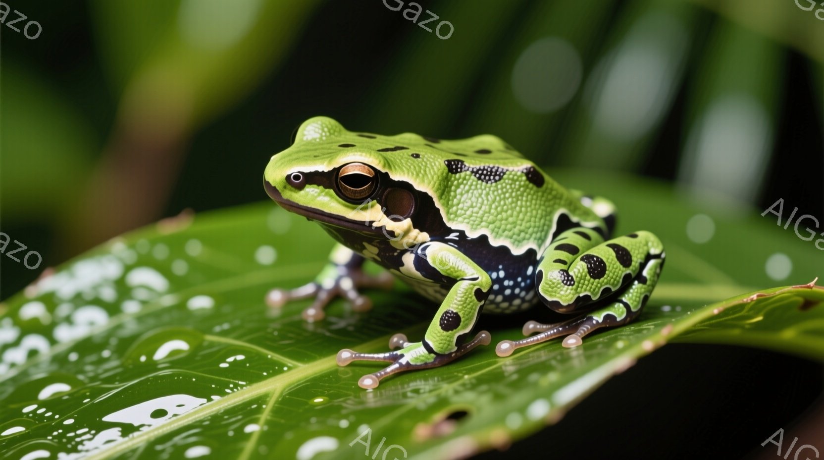 鮮やかな緑色のカエルが、雨粒の付いた大きな葉っぱの上にちょこんと座っています。その体には黒い斑点が散りばめられ、鮮やかなオレンジ色の目と細長い足が特徴的です。背景は緑豊かな植物で覆われ、雨上がりのしっとりとした自然の雰囲気が漂っています。