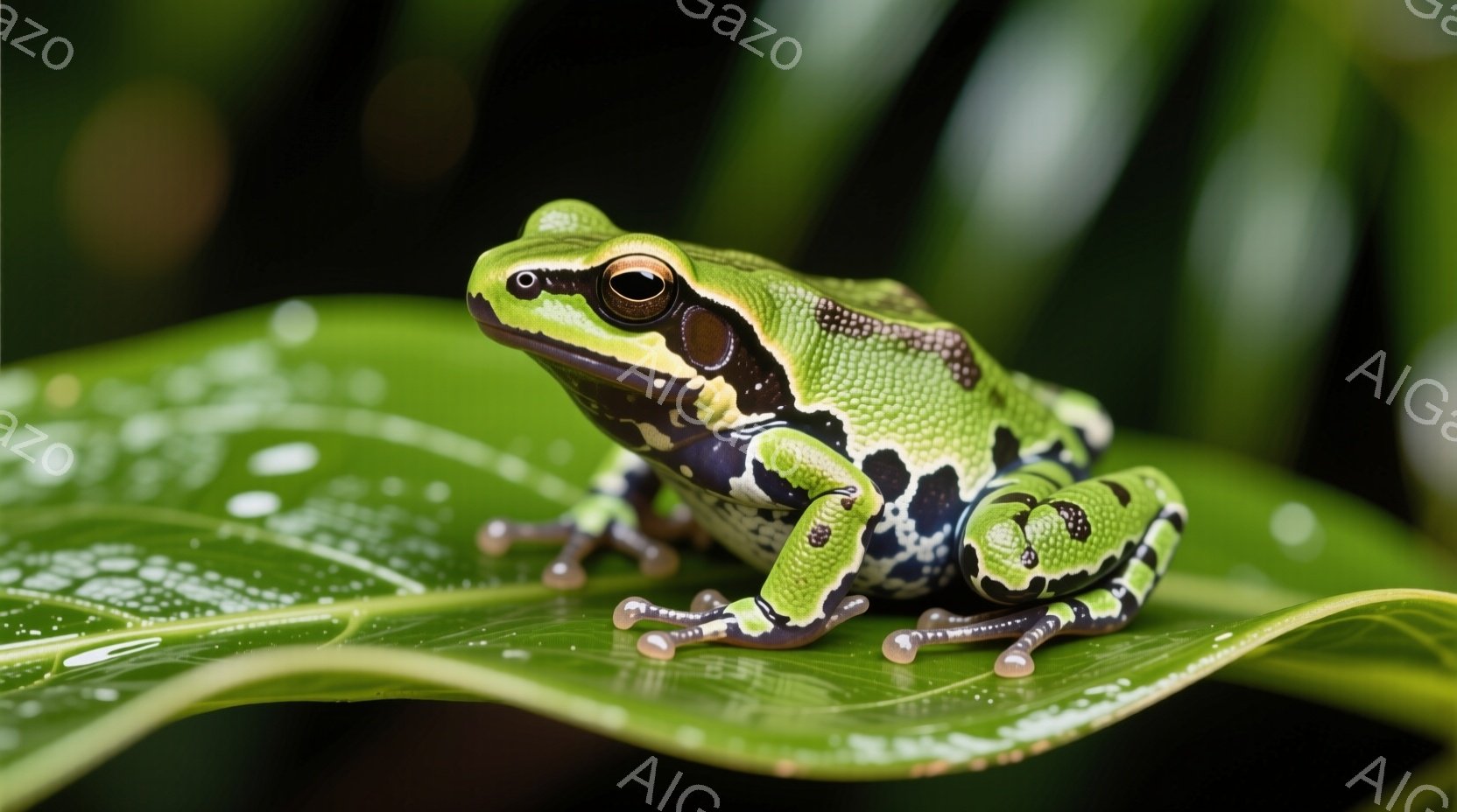 鮮やかな緑色の葉の上に、美しい模様の青い脚を持つ小さなカエルが座っています。カエルの目は大きく、黒く、その視線は前方を向いています。背景は暗く、葉の緑色が際立っており、自然な雰囲気で、雨上がりのような湿った空気を感じさせます。