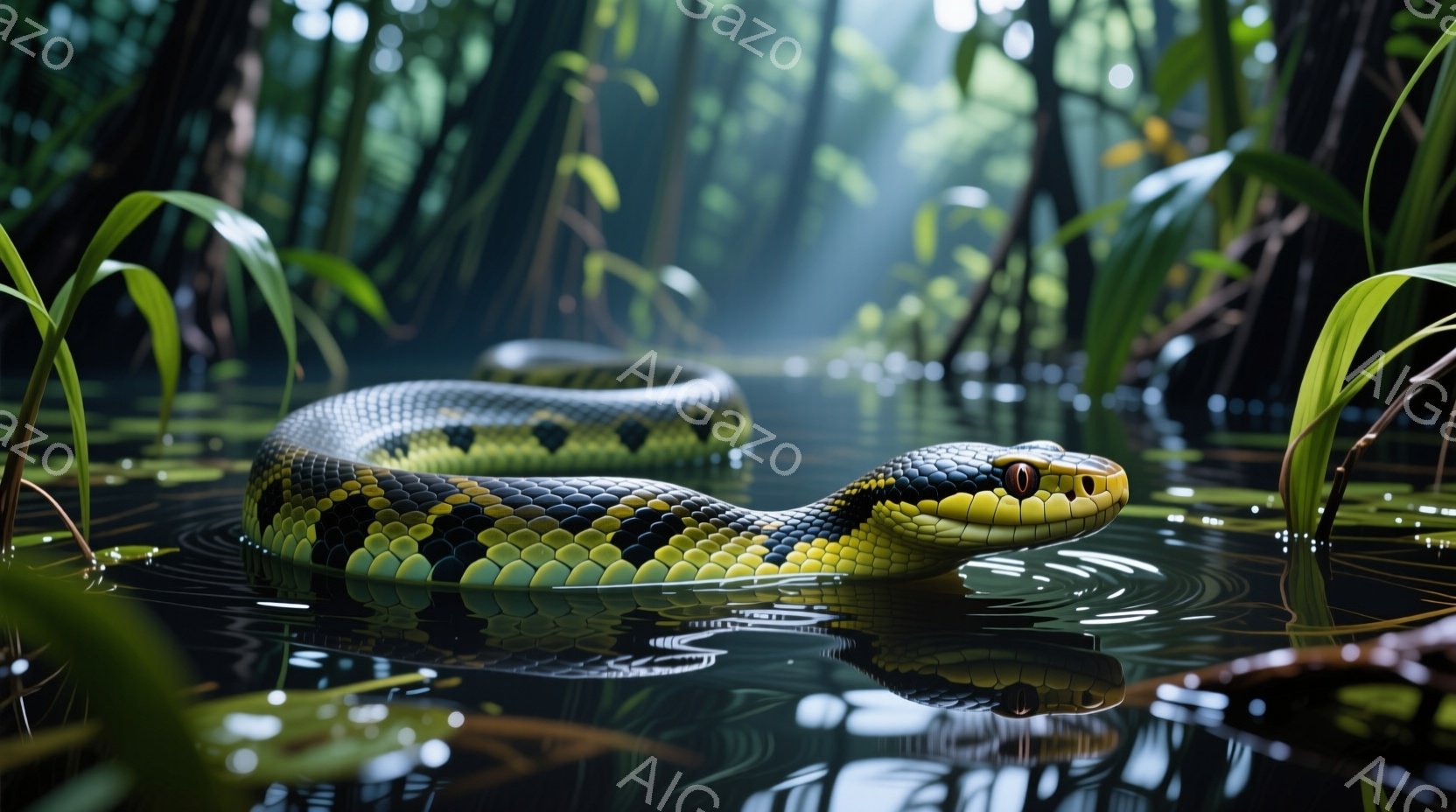緑と黒の模様を持つ巨大なヘビが水面に浮かんでいる様子を描いています。ヘビは頭を少し上げ、鋭い眼光でこちらを見つめており、水面には波紋が広がっています。背景は鬱蒼とした緑の植物に覆われた水辺で、薄暗く神 - AI生成フリー素材