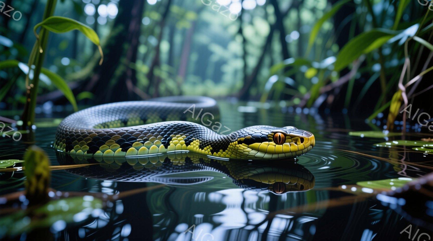 暗い水面を大きな緑と黒の模様を持つ蛇がゆったりと泳いでいる。水面には蛇の鮮やかな反射が見られ、周囲には緑豊かな植物が生い茂っている。全体的に静かで神秘的な雰囲気が漂い、自然の力強さと美しさを感じさせる。